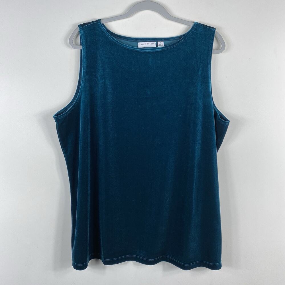 Susan Graver Tank Top XL Green Emerald Velvet Stretch Sleeveless